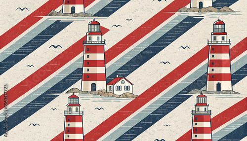 Repeating lighthouse pattern with red and blue diagonal stripes background