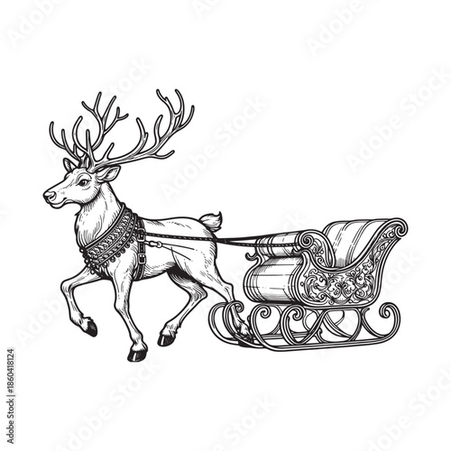 Reindeer pulling a sleigh in a black and white illustration