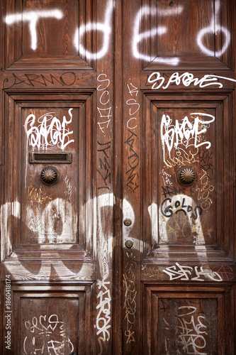 Urban damage to the facade of a building