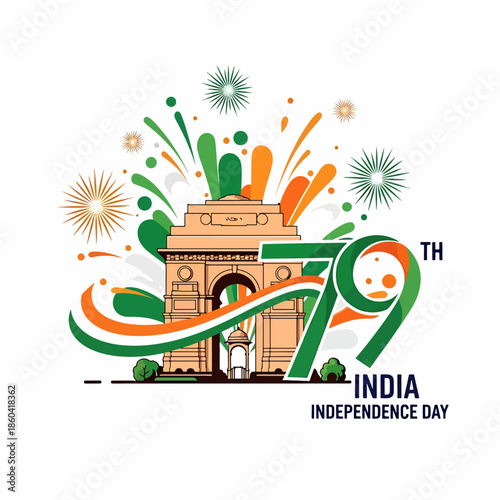 India Independence Day celebration with India Gate, fireworks, and Indian flag colors, 79th anniversary