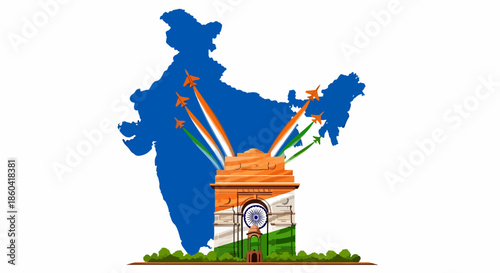 India Map with India Gate and Air Force Jets Flying with Tricolor Smoke Trails Independence Day Celebration