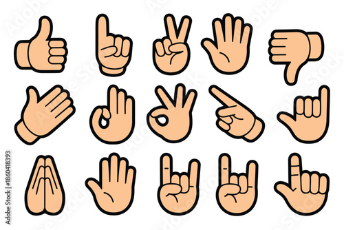 Cartoon hand gesture emoji collection with vector icons showing thumbs up, dislike, ok sign, peace, pointing finger, clap, praying hands, and rock on symbols