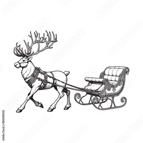 Reindeer pulling a sleigh in a black and white illustration