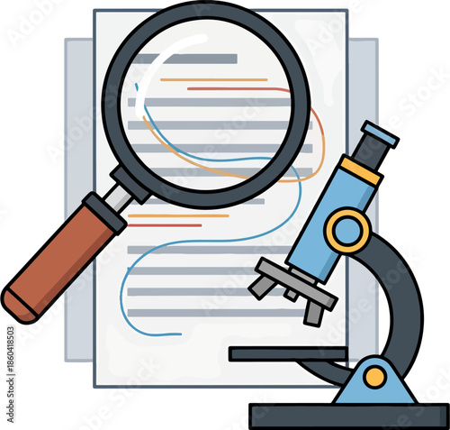 Illustration of a microscope and magnifying glass over a document with charts, symbolizing research and analysis