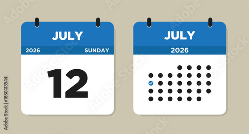 July 12 2026 (Sunday) Calendar page Vector Illustration. 12 July calendar page. Day calendar with date July 12. Modern Calendar template icon. Checklist day calendar. Week Starts on Sunday.