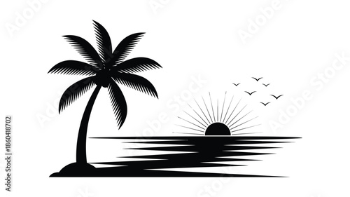 Tropical beach scene with a palm tree and sunset a striking silhouette