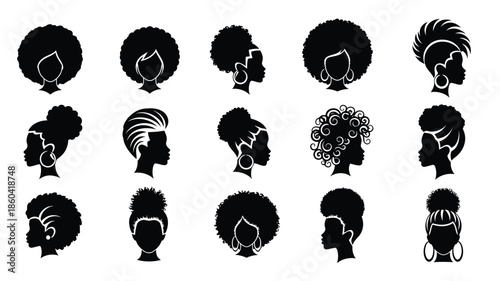 Diverse afro hairstyles represented as striking black silhouettes