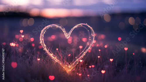 Romantic heart shaped lights in a serene natural setting at dusk