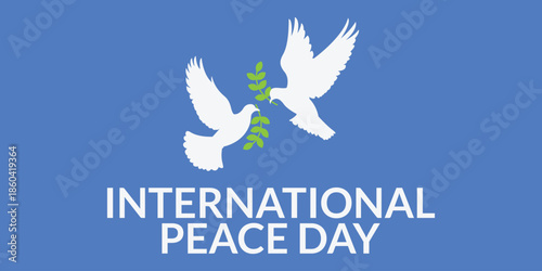 International Peace Day. Banner template with white dove and Peace Day text in background