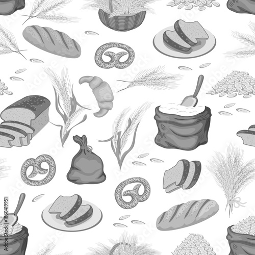 Bakery elements in a seamless pattern. Bakery products, corn cobs, sacks of grain and flour on a white background in a seamless vector pattern.