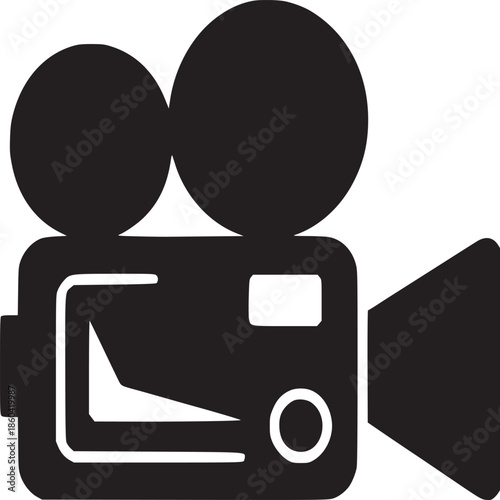A black and white graphic illustration of an old fashioned film camera with a white background