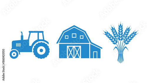Blue Agricultural Icons Tractor, Barn, and Wheat Harvest