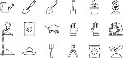 Gardening Tools and Supplies Icons Set Vector Outline Illustration of Watering Can Spades Pots Plants Seeds Gloves Hose Wheelbarrow