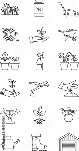 Gardening tools and elements flat outline icon set collection on white background, representing plants, flowers, watering can, hose, and shed