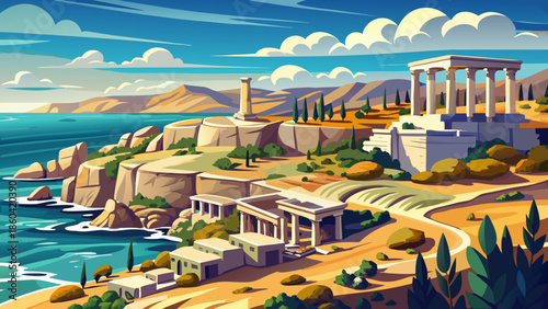 Very beautiful view of the ancient ruins of Kourion in Limassol District, Cyprus, overlooking the Mediterranean Sea with dramatic cliffs and historic stone remains.