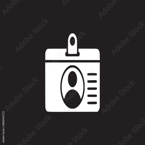 A white id card with a person icon and horizontal lines on a black background in simple style