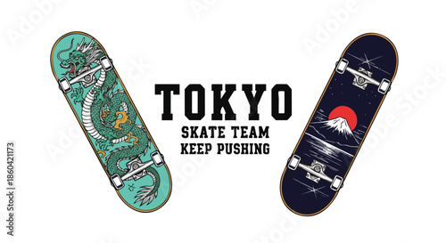 Tokyo Skate Team Dragon and Mount Fuji Design: Urban Sports and Japanese Culture Vibe.