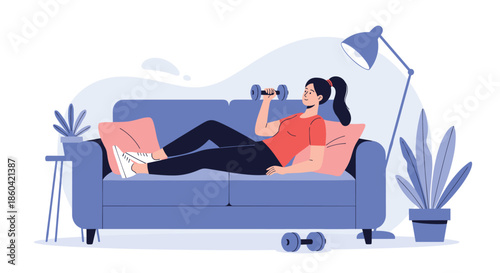 A young woman is comfortably working out on her sofa with a dumbbell in her living room, maintaining her fitness routine at home.