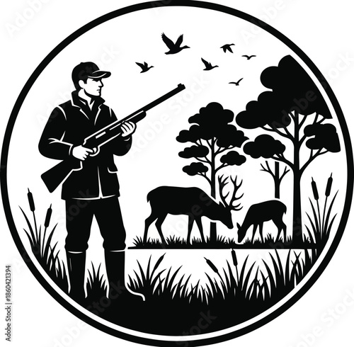 Hunter Man Silhouette Vector Illustration on White Background