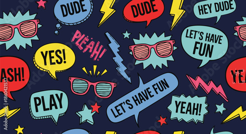 Vibrant Pop Art Seamless Pattern with Fun Sayings and Sunglasses.
