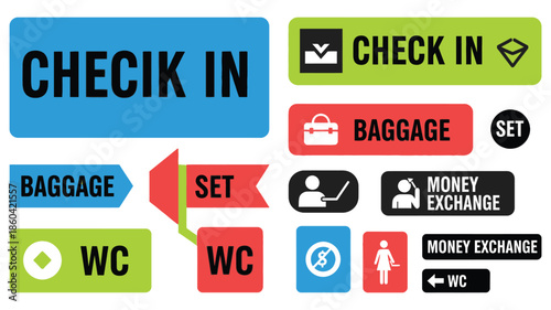 Airport signage displaying check in baggage wc and money exchange information