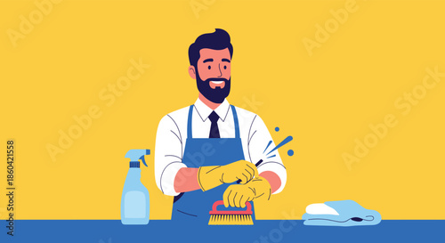 A smiling man with a beard, wearing a blue apron and yellow gloves, holds a scrubbing brush and a spray bottle, ready for household cleaning tasks.