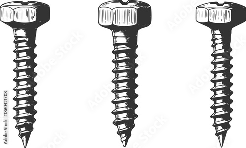 Detailed illustration of three different screw types on a white background
