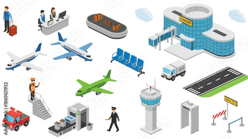 Isometric illustration of a busy airport scene with planes and infrastructure