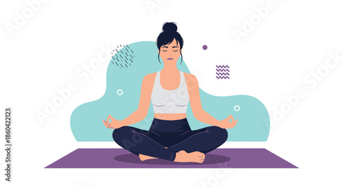 A woman meditates peacefully on a yoga mat surrounded by abstract shapes and dots.