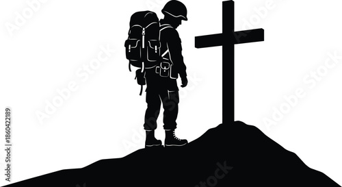 Man with Backpack and Cross Silhouette Vector Illustration on White Background
