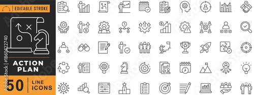 Action plan line icon set. Editable stroke. Vector illustration.
