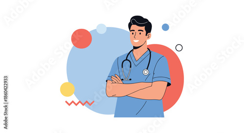 A smiling male medical professional in a blue uniform wearing a stethoscope.