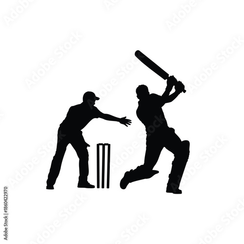 Silhouette of a cricket batsman hitting a shot with a wicketkeeper