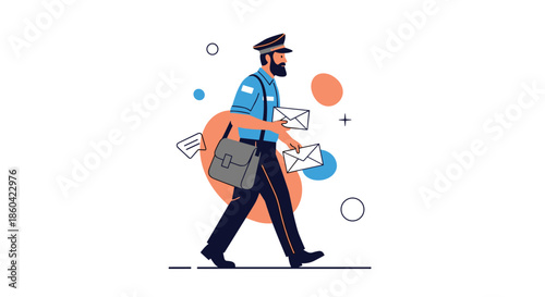 A smiling postal worker with a satchel walks while delivering mail.