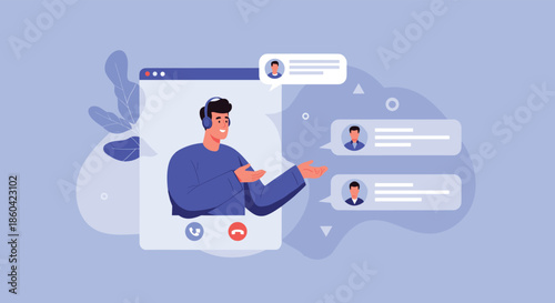 A man wearing headphones on a video call with chat bubbles appearing on screen.