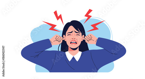 A woman is covering her ears tightly to block out loud noise that is causing her pain.
