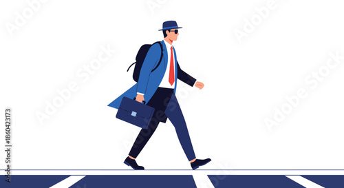 A businessman wearing a hat and sunglasses walks with a briefcase and backpack.
