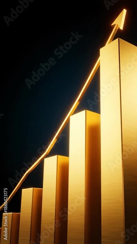 Golden bar chart with upward arrow, profit growth and finance concept