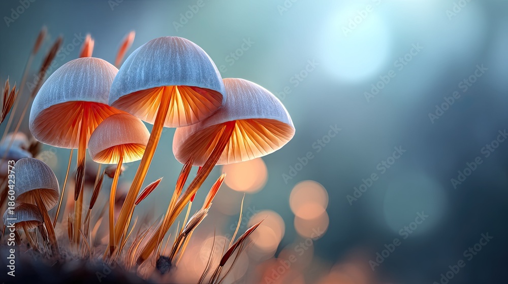 Fototapeta premium Glowing Mushrooms: A captivating close-up of a cluster of enchanting mushrooms emits a warm, ethereal glow, evoking a sense of wonder.