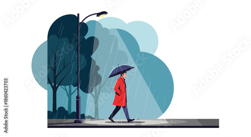 A person walks under an umbrella on a rainy day.