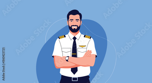 A smiling pilot stands with his arms crossed against a blue background with abstract shapes.