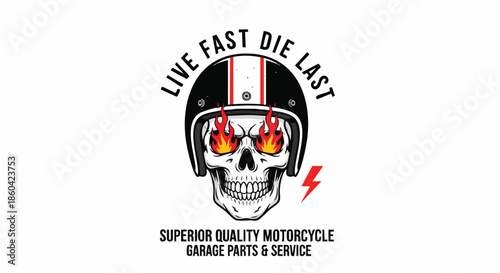 Vintage Skull with Fiery Eyes Wearing Retro Helmet and Lightning Bolt - Motorcycle Parts & Service.