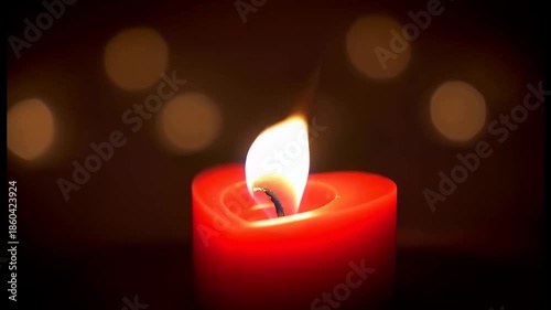 Heart shaped red candles burning in close up. Romantic red heart candles with flickering flame. Valentine heart candles cinematic macro. Burning love candles romantic atmosphere. 