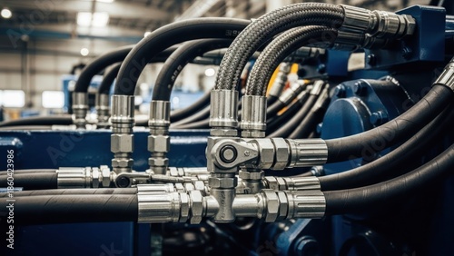 Close-up of industrial machinery featuring black hoses, metal fittings, and blue components