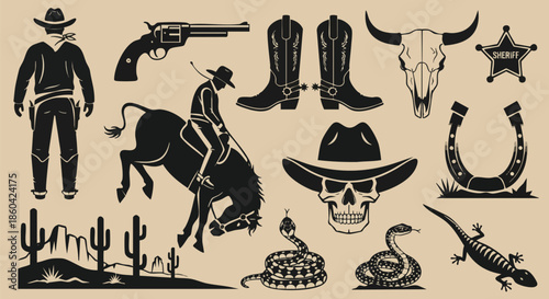 Wild West Cowboy Icons and Symbols Collection: Rodeo, Sheriff, and Desert Elements.