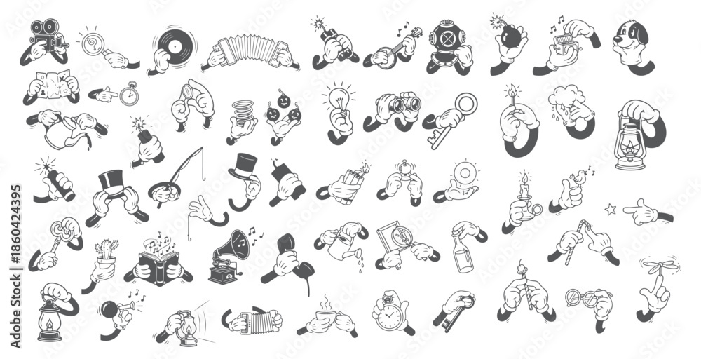 Naklejka premium Old School Comic Style Hands Mega Pack. Expressive Animated Arms in Black and White Sketch Drawing.