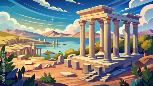 Very beautiful view of the Sanctuary of Apollo at the Kourion archaeological site in Cyprus, highlighting ancient columns, sacred ruins, and Mediterranean landscape.