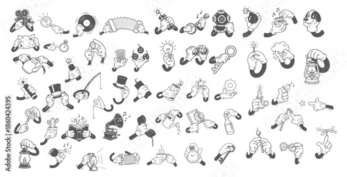 Old School Comic Style Hands Mega Pack. Expressive Animated Arms in Black and White Sketch Drawing.