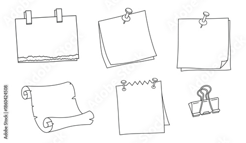 Set of hand drawn line sticky notes, paper scrolls, and clips for memo or reminder design elements