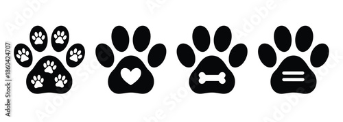 Heart paw icon vector set featuring dog paw illustrations, love dog symbols, cute animal signs,